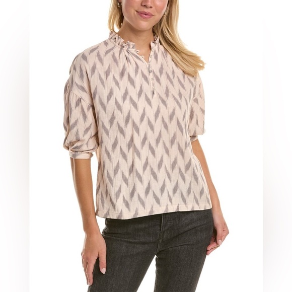 New! Joie Salia B Printed Elbow Sleeve Top in Tapioca Castlerock - 100% Cotton - Picture 1 of 11